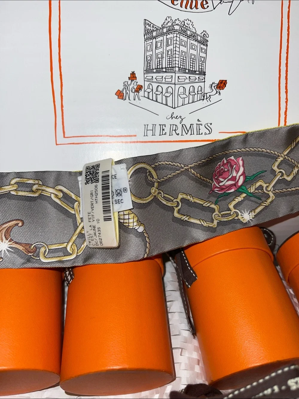 Hermés C’est La Fete Yellow & Grey Silk Twilly Scarf with Roses